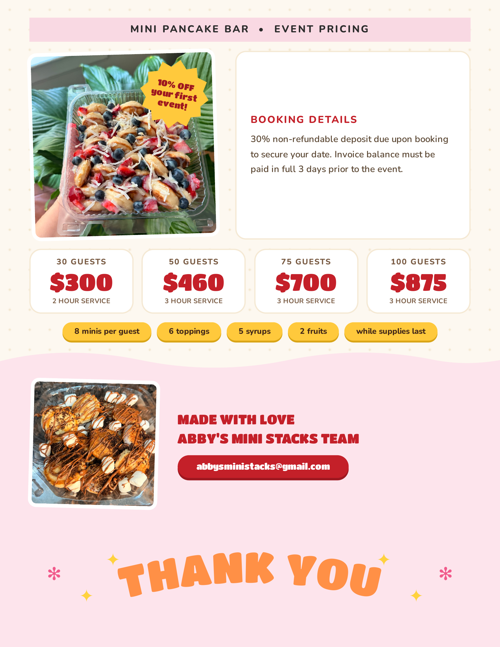 Abby's Mini Stacks event pricing flyer: 30 guests $300, 50 guests $460, 75 guests $700, 100 guests $875